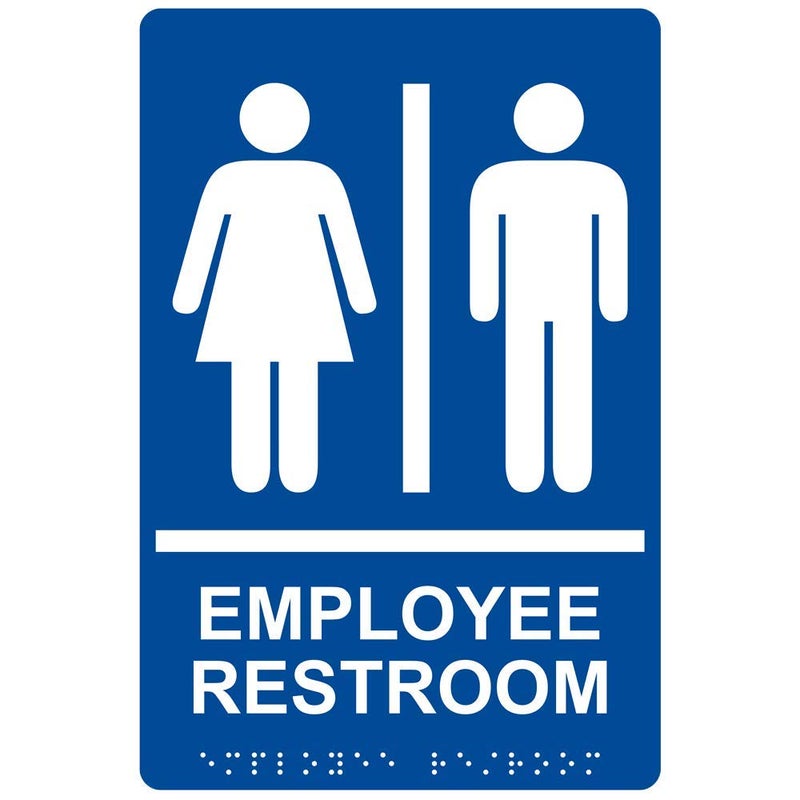 ComplianceSigns.com Employee Restroom Sign, ADA-Compliant Braille and Raised Letters, 9x6 in. White on Blue Acrylic with Adhesive Mounting Strips, American Made Safety Signs for the Workplace - Image 1
